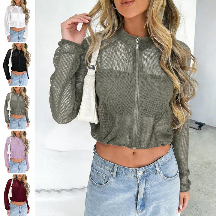 Sheer Mesh Jacket Women Mock Neck Lightweight Casual Zip Up Crop Jacket Summer Athletic Outerwear for Yoga boosted
