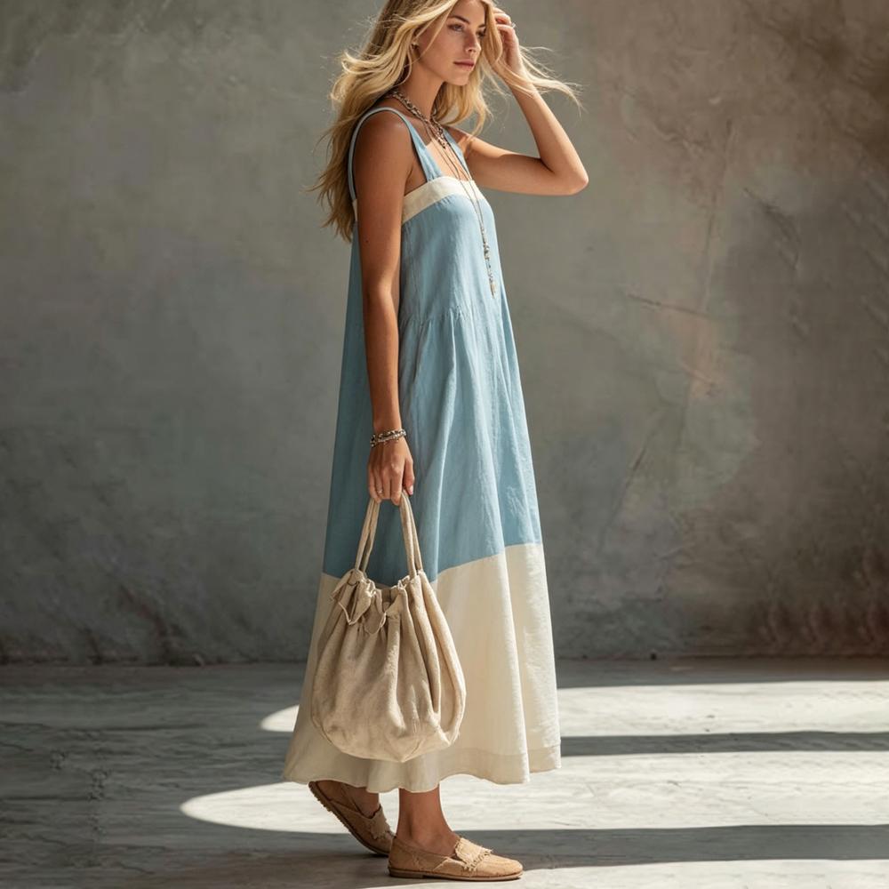 Square Neck Maxi Dress Color Blocking Summer Sleeveless Dress Swing Flowy Sundresses for Travel Daily Wear presents