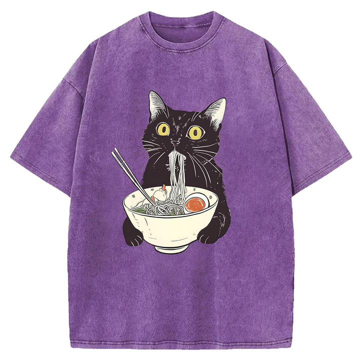 Black Cat Eating Ramen Washed Crew Neck T-Shirt