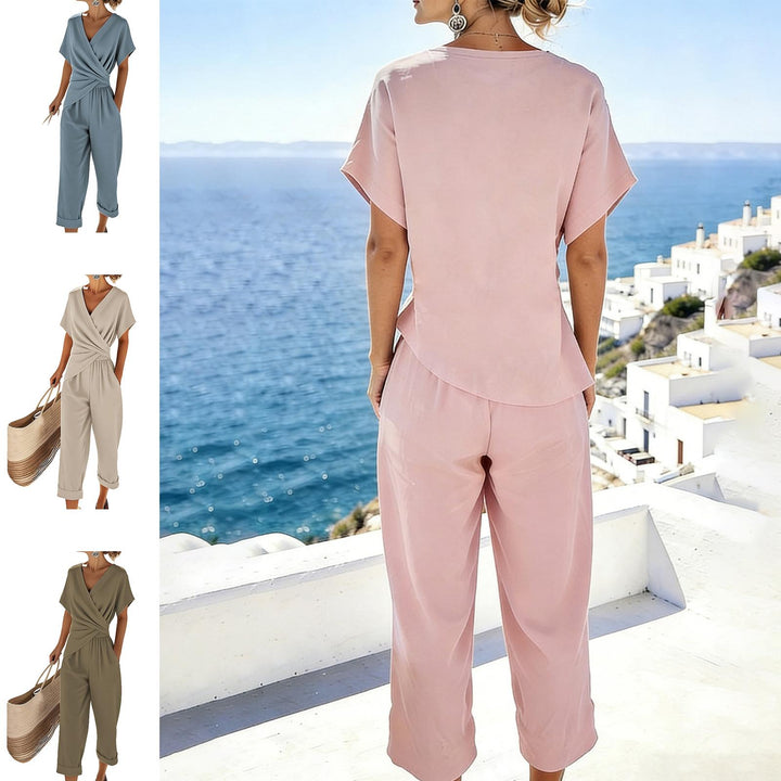 2 Piece Summer Sets for Women Wrap V Neck Side Twist Short Sleeve Solid Top Lounge Pants Outfits for Travel efficient