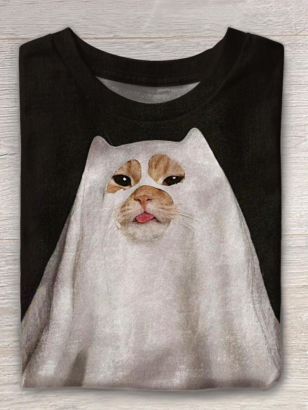 Cute Ghost Cat Print Crew Neck T-shirt