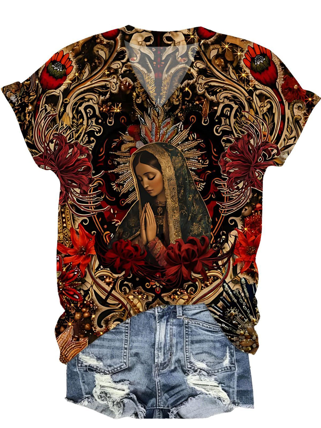 Religious Virgin Mary Art Print Women Short Sleeve V Neck T-Shirt