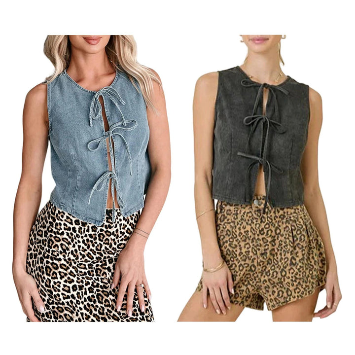 Tie Front Denim Vest Crew Neck Trendy Denim Vest Crop Sleeveless Tie Up Front Jean Top for Vacation Daily positive