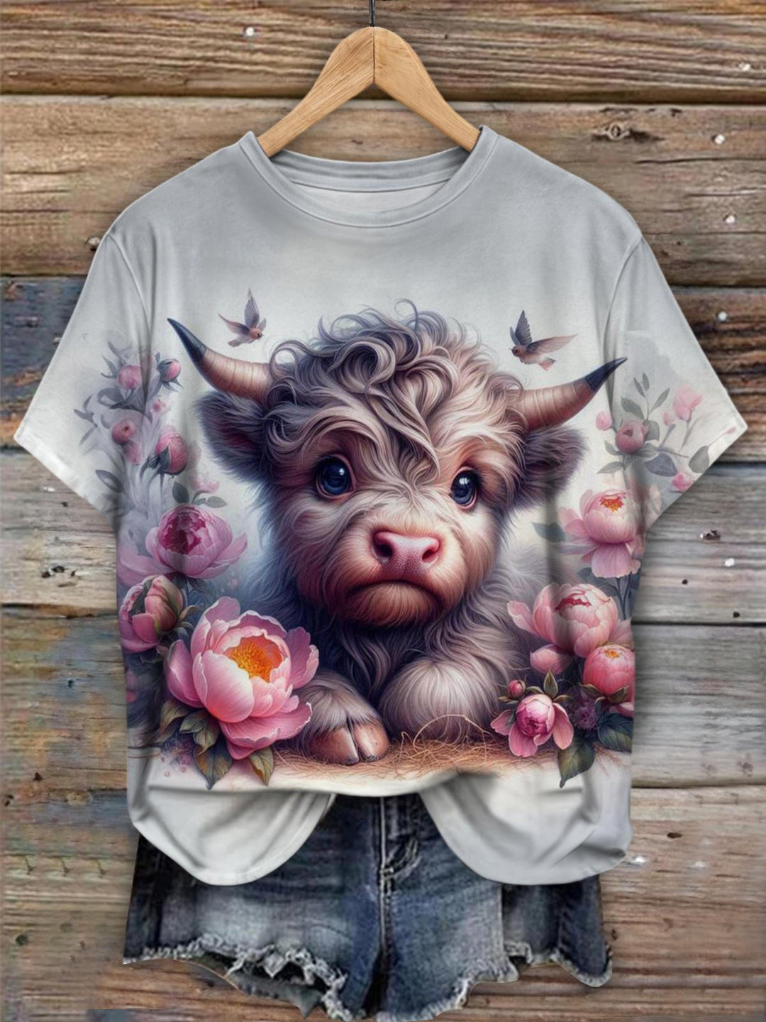 Pink Peony Highland Cow Crew Neck T-shirt
