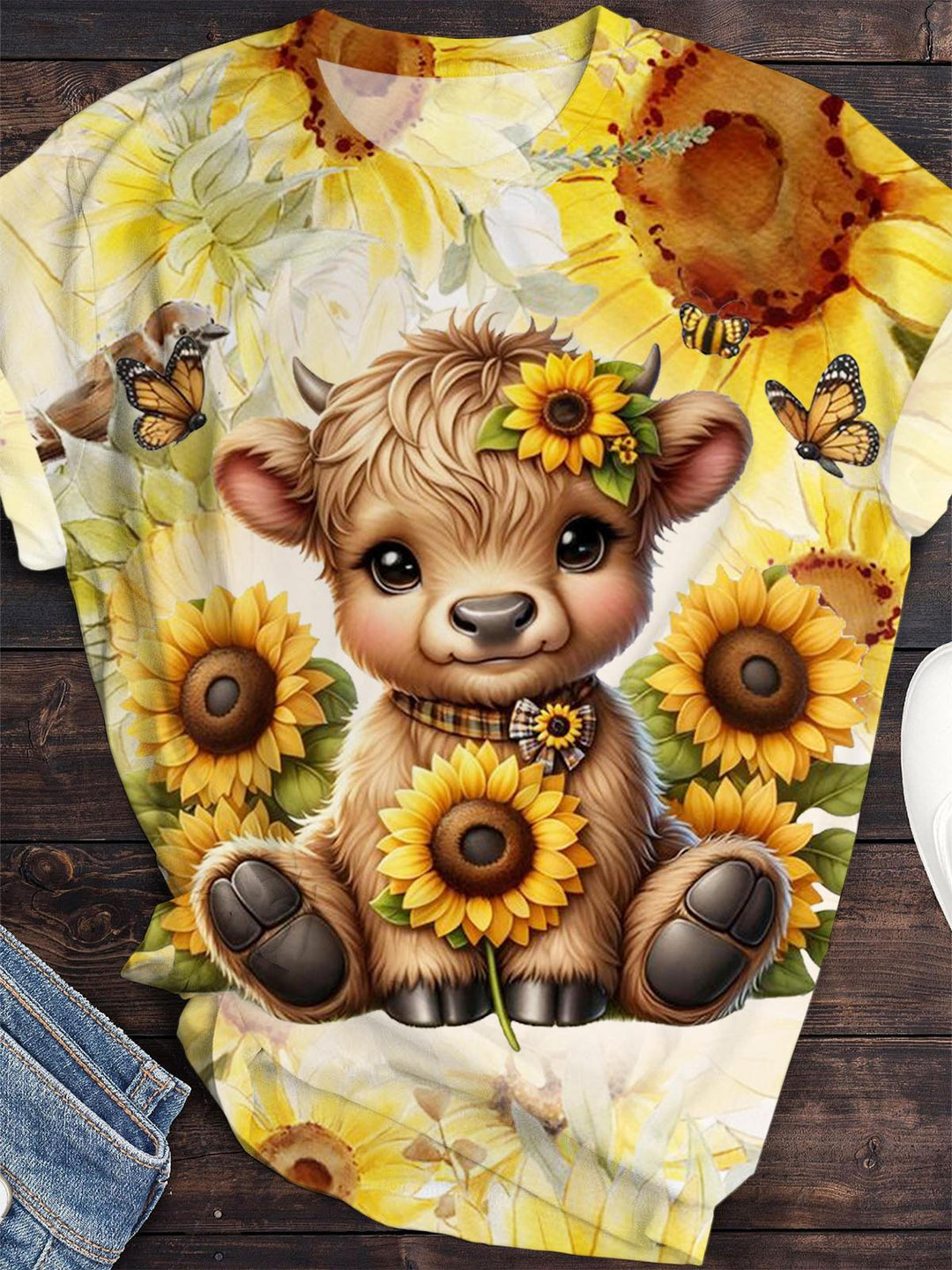 Sunflower Highland Cow Print Crew Neck T-Shirt