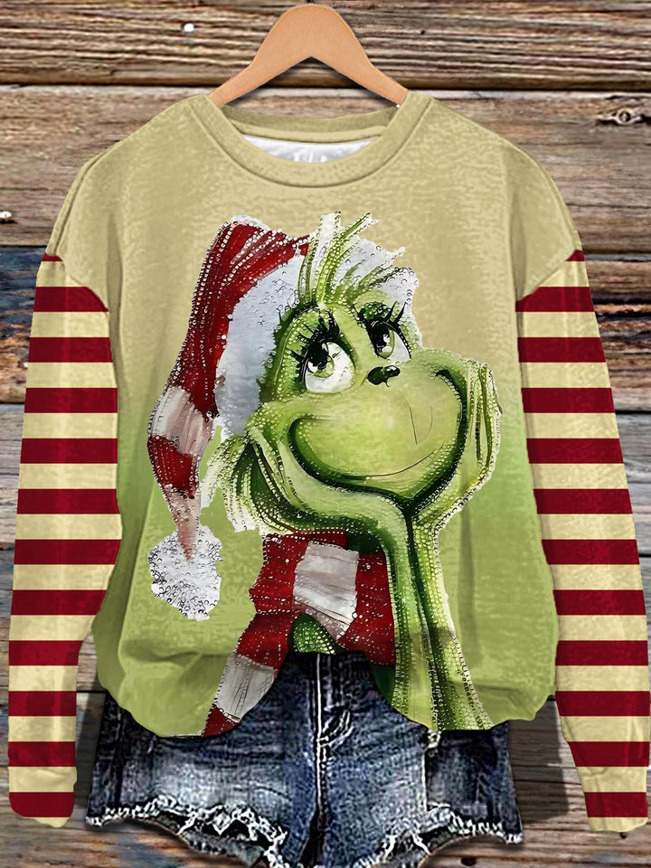 Grinch Retro Stripes Printed Long Sleeve Casual Top
