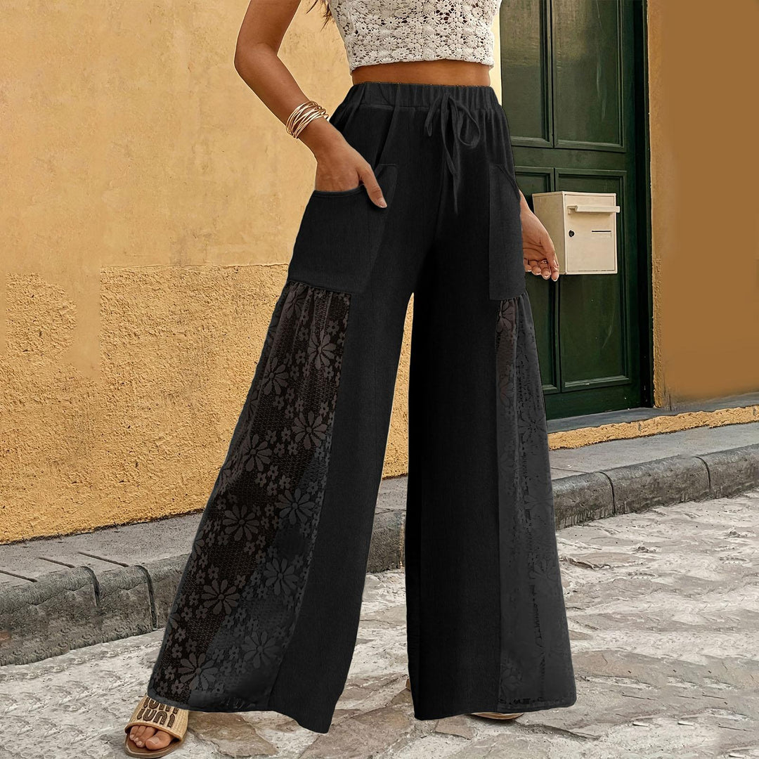 Women's Floral Lace Sheer Mesh Pants High Waisted Loose Fit Drawstring Elastic Waist Toursers for Vacation responsible