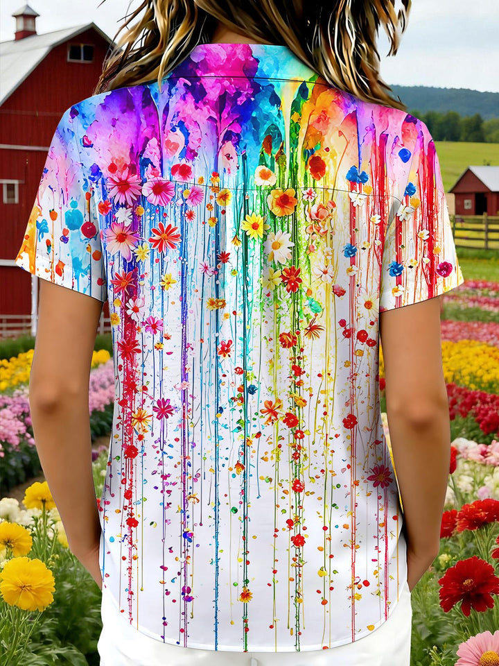 Rainbow Tie Dye Paint Splatter Floral Women's Short Sleeve Shirts