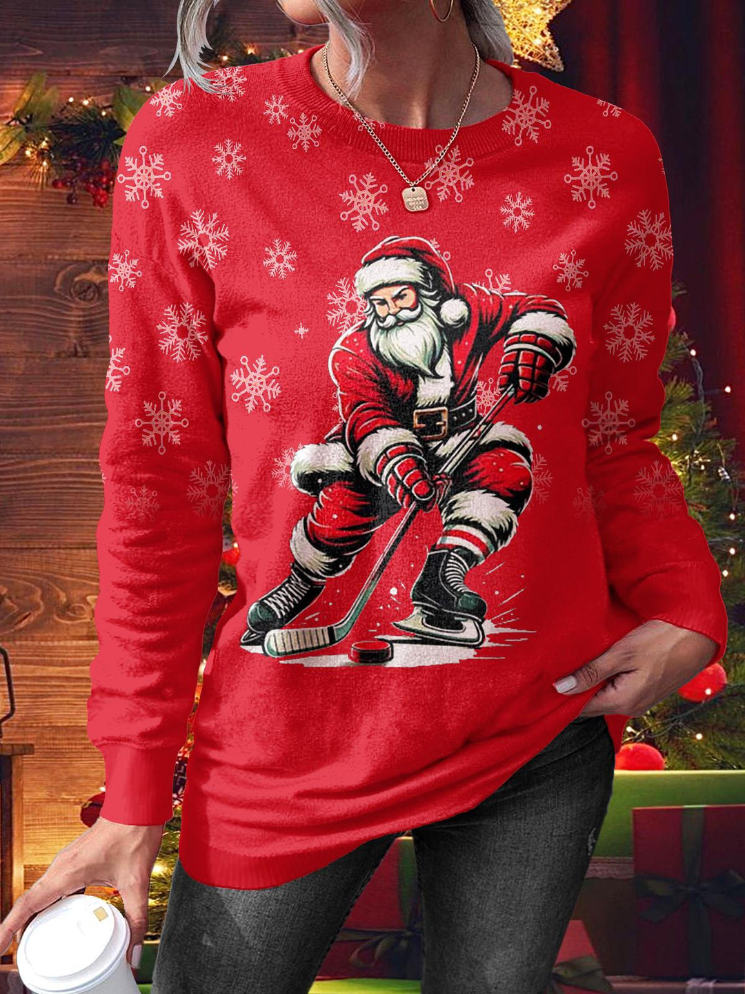 Women's Santa Hockey Christmas Printed Long Sleeve Casual Top