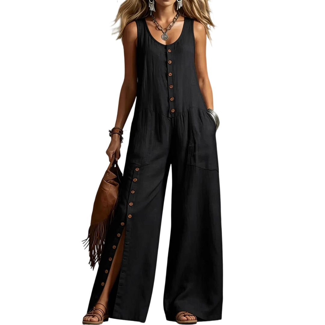 Button Down Jumpsuit for Women Button Up Wide Legs Pants Fashion Sleeveless Overall with Pockets for Beach beautiful