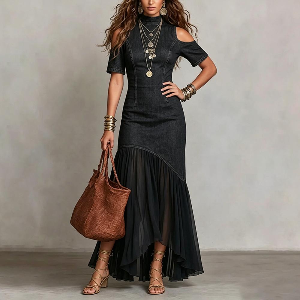 Womens Denim Dress Cold Shoulder Sheer Ruffle Long Jean Denim Summer Flowy Summer Sundresses for Daily Wear like-minded