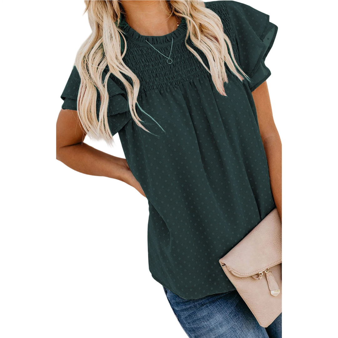 Womens Ruffle Short Sleeve Blouse Dot Smocked Crewneck Summer Flowy Chiffon Shirts Pullover Tops for Travel expedient