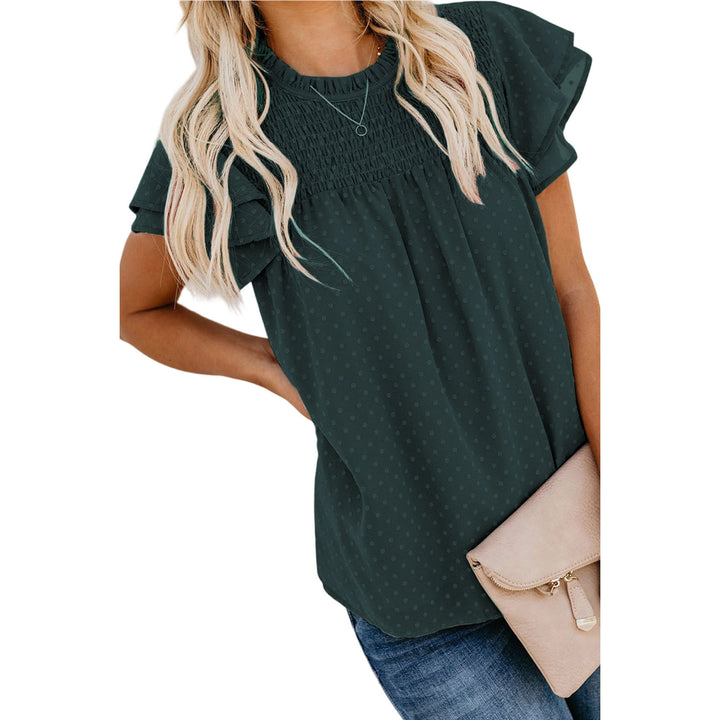 Womens Ruffle Short Sleeve Blouse Dot Smocked Crewneck Summer Flowy Chiffon Shirts Pullover Tops for Travel expedient