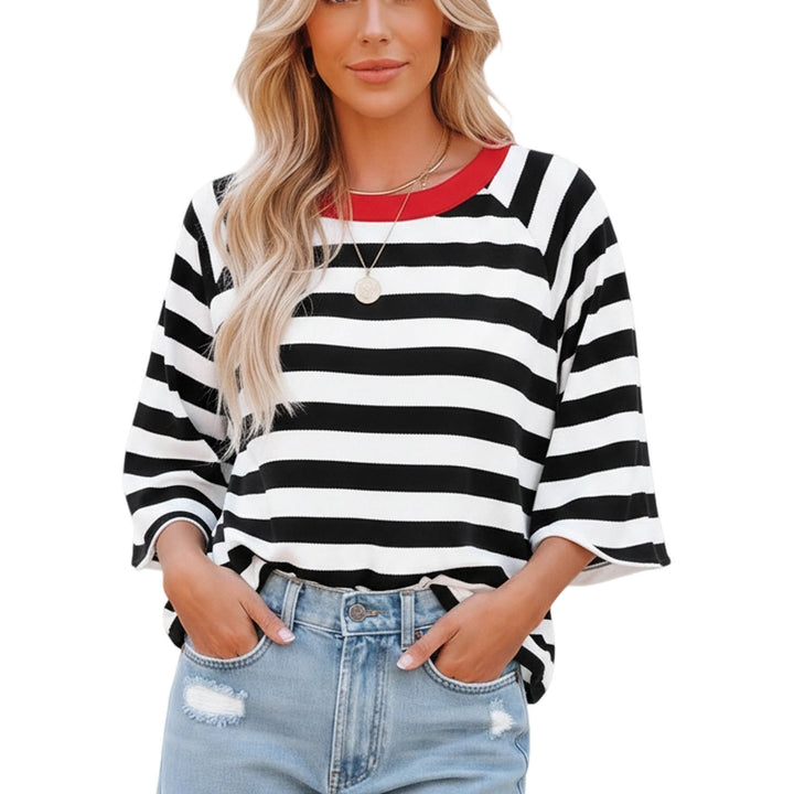 Striped Shirt Women Crew Neck Fashion Casual T Shirts Loose Fit Basic Tops for Travel Going Out Commuting approving