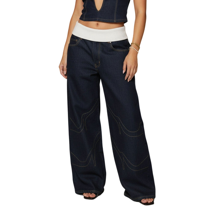 Womens Low Rise Baggy Jeans Fold-Over Elastic Waist Wide Leg Jeans Denim Pants Loose Fit Trousers for Club appropriate