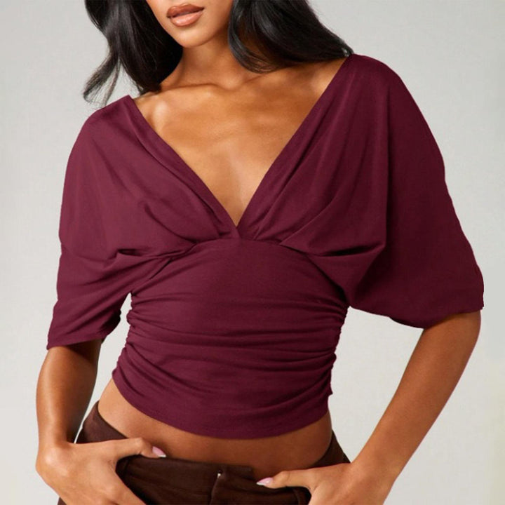 Dolman Sleeve Cinched Waist Top Deep V Neck Side Ruched Sexy Dolman Sleeve Blouses Going Out Tops for Leisure innate
