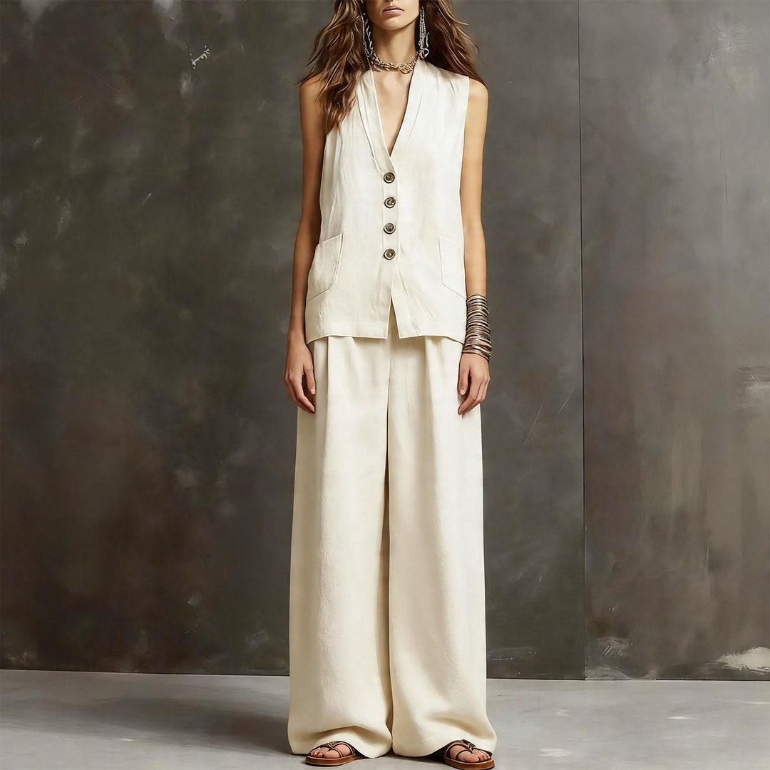 Womens Vest and Pants Set Two Piece Button Down Vest Top and Wide Leg Pants Casual Outfits for Work Travel ideal