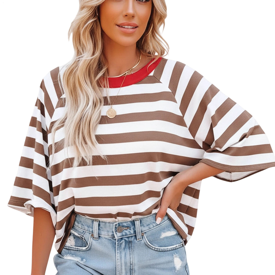 Striped Shirt Women Crew Neck Fashion Casual T Shirts Loose Fit Basic Tops for Travel Going Out Commuting approving