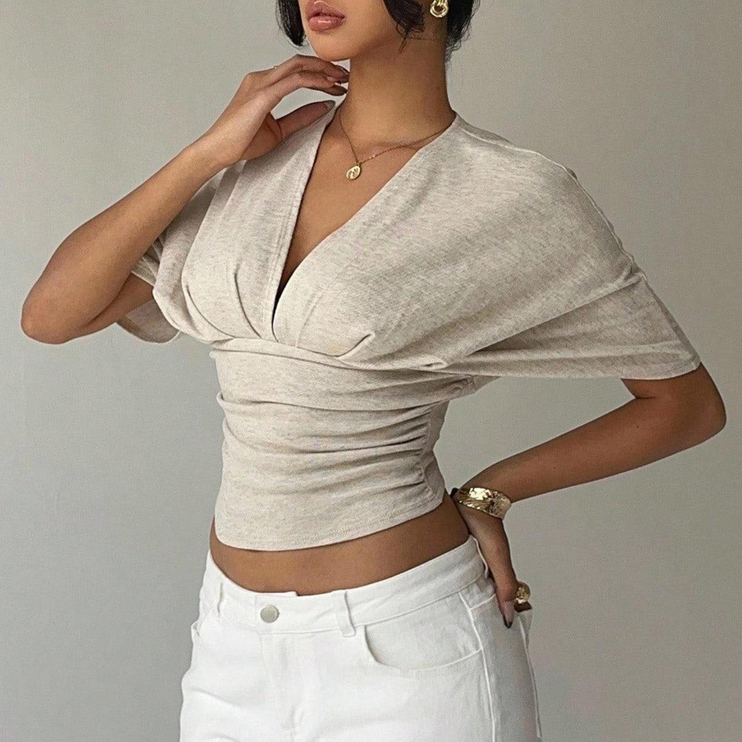 Cinch Waist Tops for Women Ruched Deep V Neck Crop Tops Sexy Summer T Shirts Short Sleeve for Travel Dating original