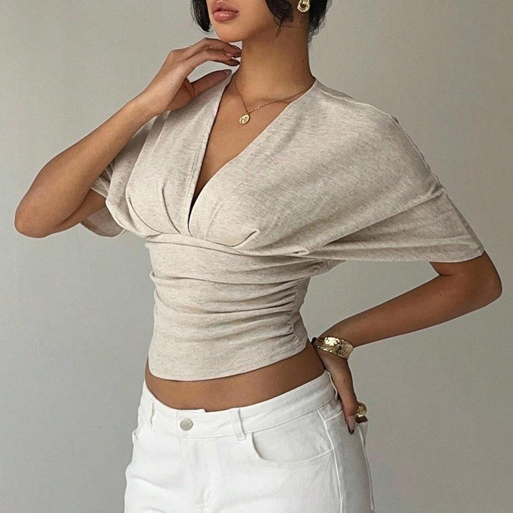 Cinch Waist Tops for Women Ruched Deep V Neck Crop Tops Sexy Summer T Shirts Short Sleeve for Travel Dating original