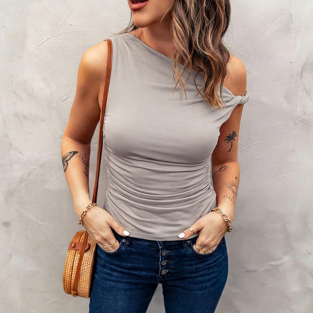 Off the Shoulder Tops for Women Asymmetrical Neck Ruched Sleeveless Shirts Twist Strap Vests Daily Wear elegance
