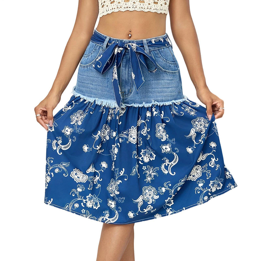 Denim Midi Skirt Boho Floral Women's A Line Belted High Waisted Midi Skirts for Vacation Daily Wear Dating decent