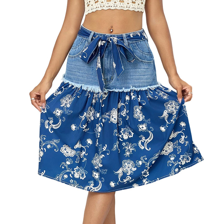 Denim Midi Skirt Boho Floral Women's A Line Belted High Waisted Midi Skirts for Vacation Daily Wear Dating decent