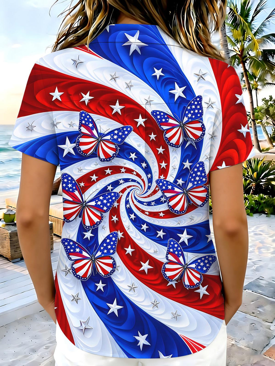 American Flag Swirl Butterflies Independence Day Women's Short Sleeve Shirts
