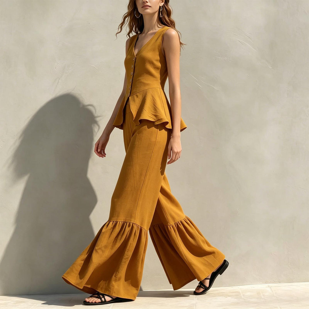 Women Two Piece Outfits Sets V Neck Sleeveless Peplum Top and Ruffle Flare Leg Pants Set for Dating Travel astonishing
