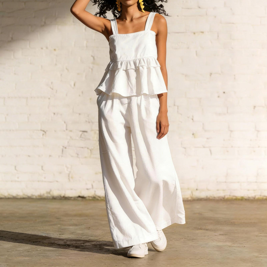 2 Piece Summer Sets for Women Ruffle Casual Summer Sleeveless Peplum Top and Wide Leg Pants Sets for Leisure workable