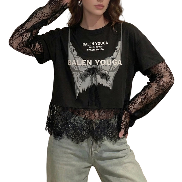 Lace Tshirt for Women Lace Splicing Long Sleeve Shirts Blouse Crew Neck Casual Layered Tee for Vacation Party superb