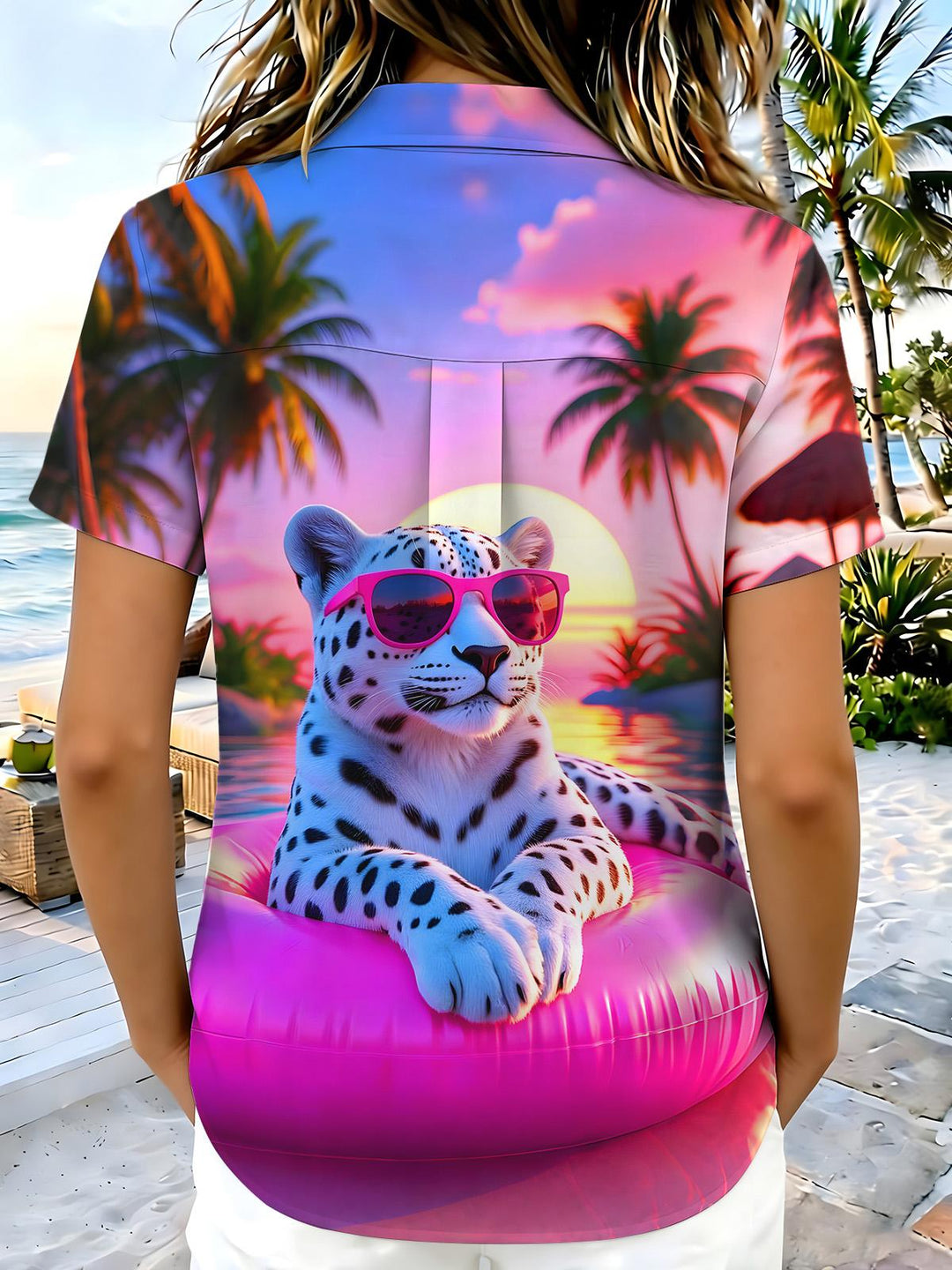 Fun Hawaiian Vacation Snow Leopard And Pink Float Women's Short Sleeve Shirts