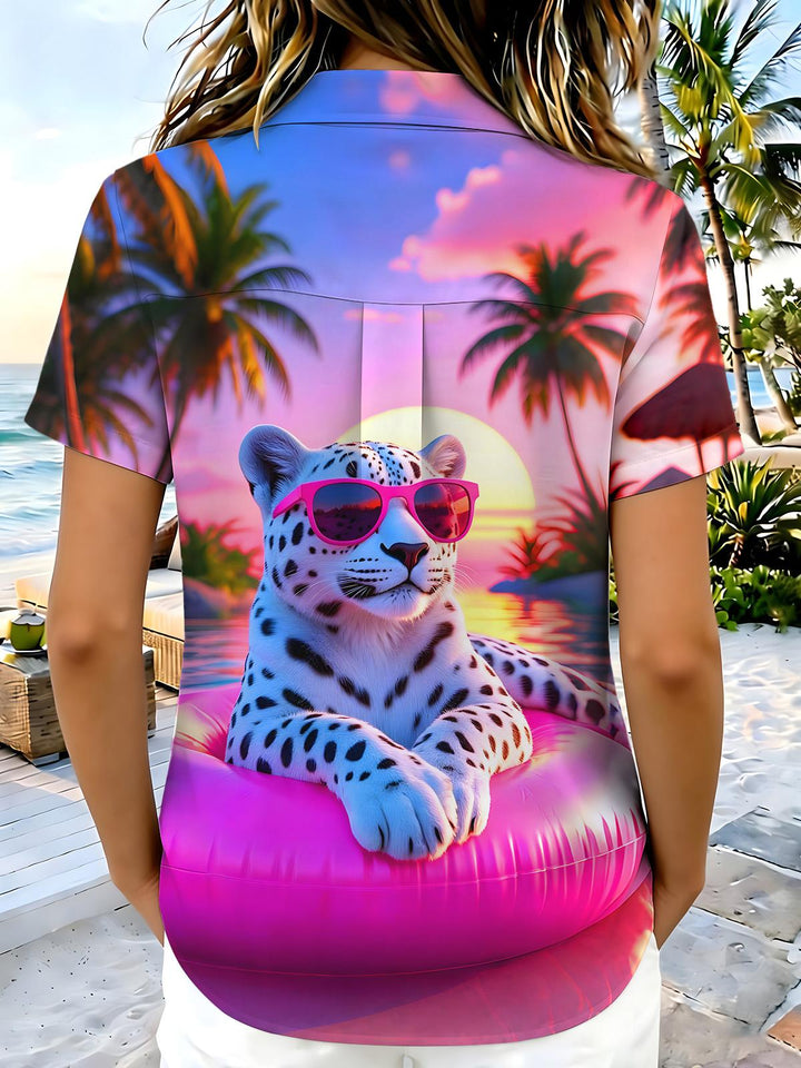 Fun Hawaiian Vacation Snow Leopard And Pink Float Women's Short Sleeve Shirts