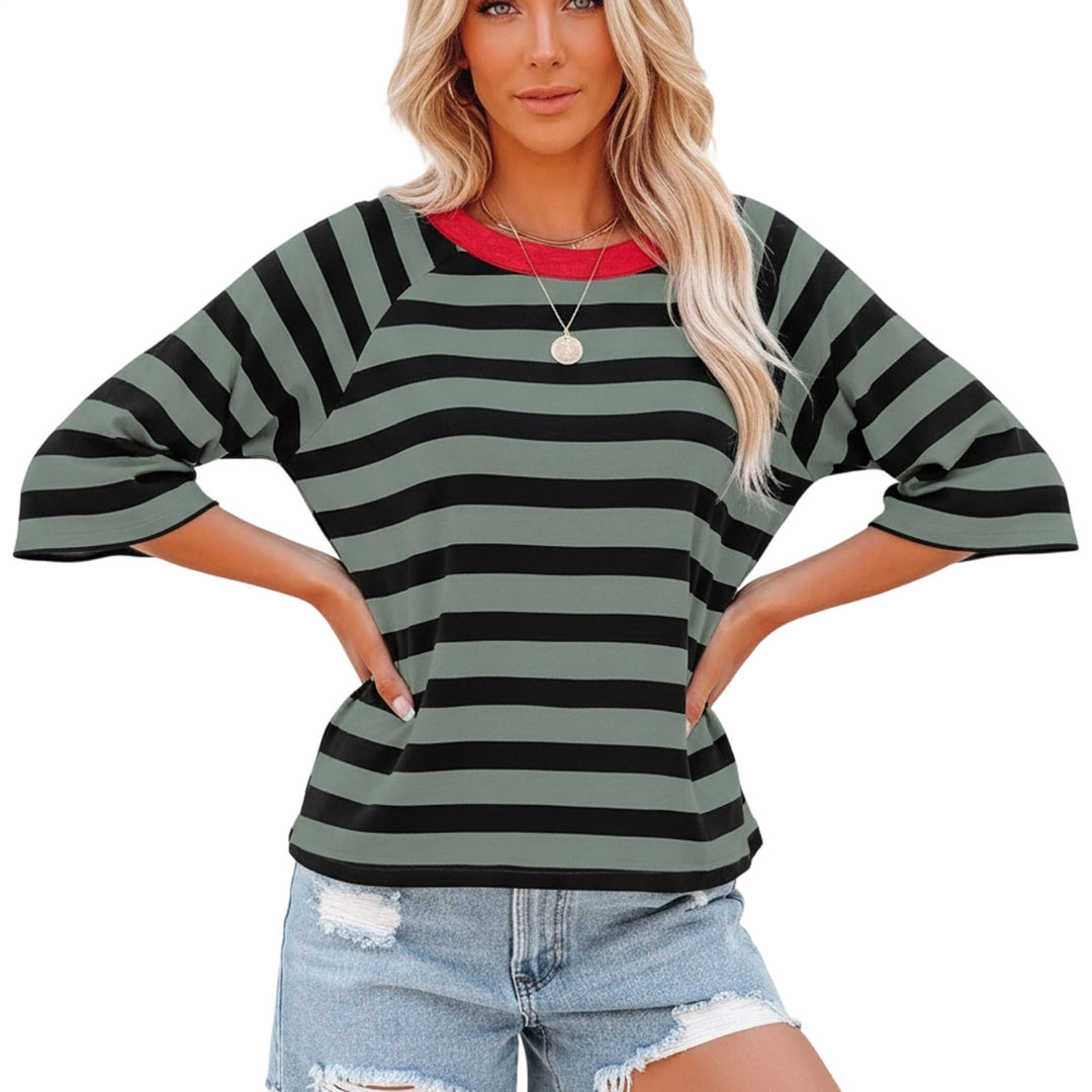 Striped Shirt Women Crew Neck Fashion Casual T Shirts Loose Fit Basic Tops for Travel Going Out Commuting approving