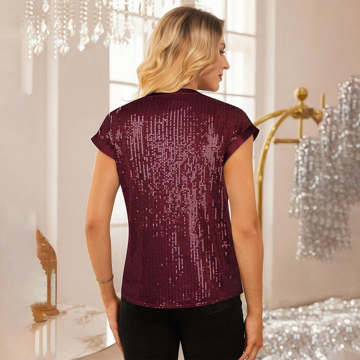 Sequin Shirts for Women V Neck Sequin Sparkly Tops Short Sleeve Dressy Casual Party Shirt for Club Going Out beautiful