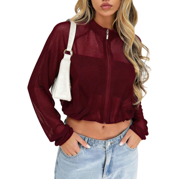 Sheer Mesh Jacket Women Mock Neck Lightweight Casual Zip Up Crop Jacket Summer Athletic Outerwear for Yoga boosted