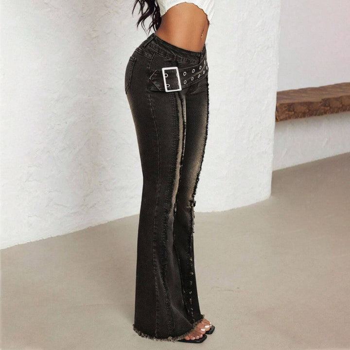 Women Bell Bottom Jeans Low Rise Frayed Hems Denim Pants Retro Flare Jeans Fashion Streetwear for Travel ingenious