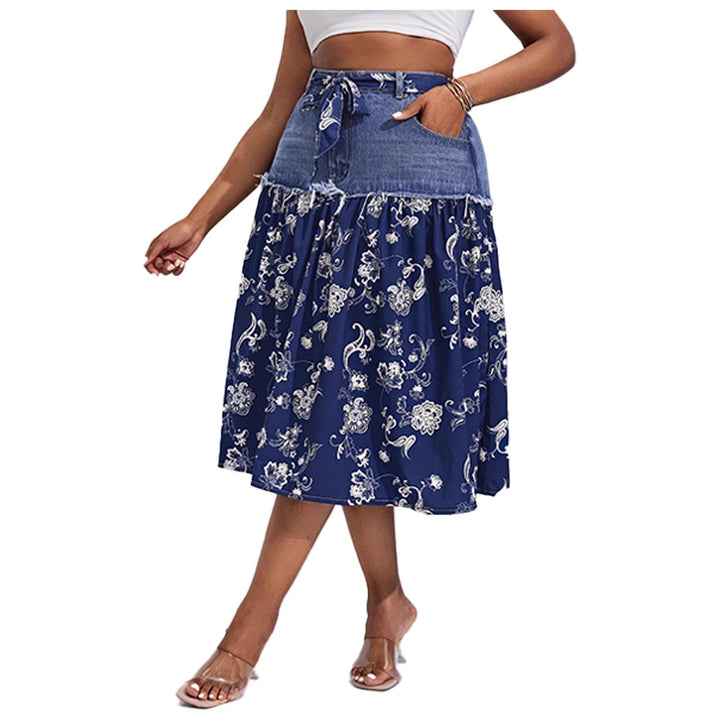 Midi Denim Skirt Floral Print High Waisted A Line Denim Chiffon Splicing Flowy Skirt for Dating Vacation beautifully