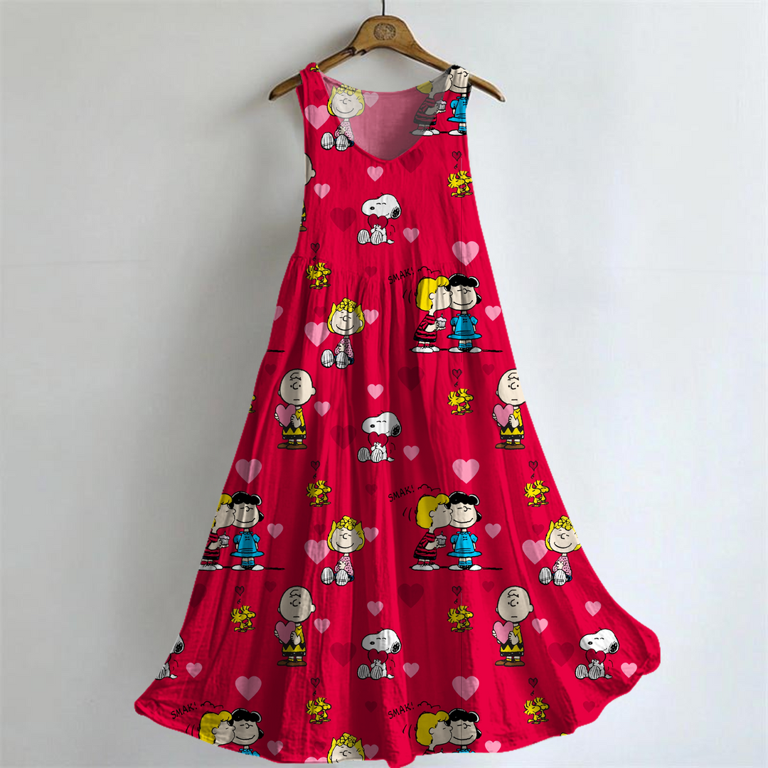 Happy Valentine's Day Cute Snoopy V-neck Bamboo Linen Sleeveless Dress