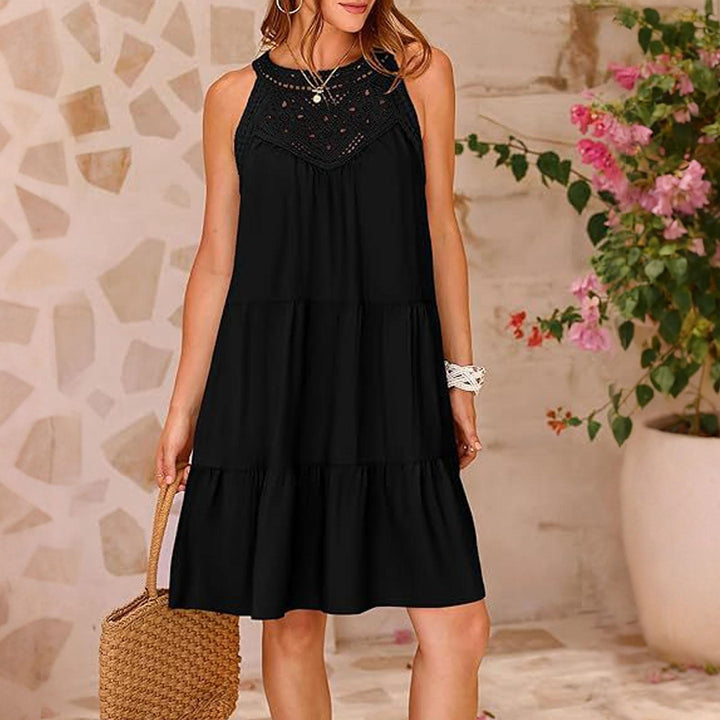 Halter Neck Mini Dress Hollow Out Loose Sleeveless Swing Dresses Summer A Line Sundresses for Daily Wear skilful