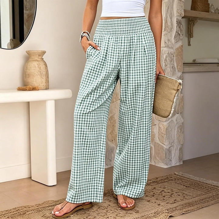 Women Gingham Pants Smocked Waist Plaid Pajama Lounge Pants Wide Leg Trousers with Pocket for Daily Wear gently