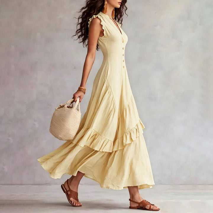 Ruffle Dress Long V Neck Button Flowy Cap Sleeve Summer Maxi Dresses Casual Beach Clothes for Beach Vacation serviceable