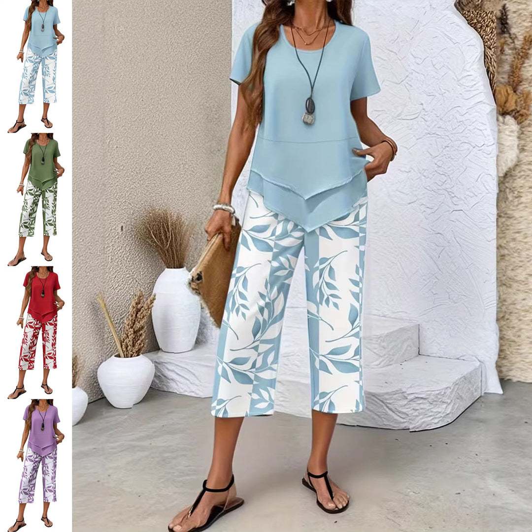 2 Piece Sets for Women Summer Crewneck Short Sleeve Shirts and Wide Leg Capri Pants Lounge Outfit for Travel gently