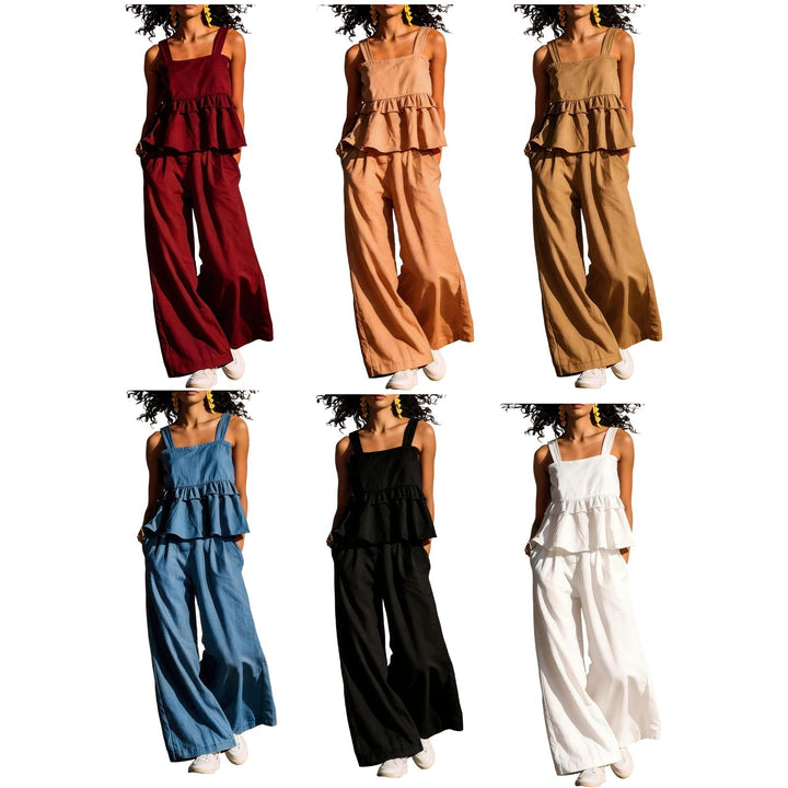 2 Piece Summer Sets for Women Ruffle Casual Summer Sleeveless Peplum Top and Wide Leg Pants Sets for Leisure workable
