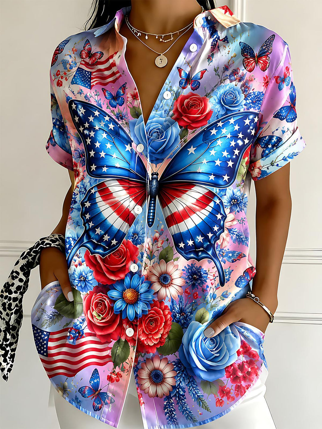 Independence Day American Flag Butterfly Rose Floral Women's Short Sleeve Shirts