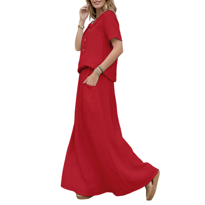 2 Piece Skirt Set Solid Cotton Two Piece Sets Short Sleeve Top and Maxi Skirt Casual Outfit for Daily Wear everywhere