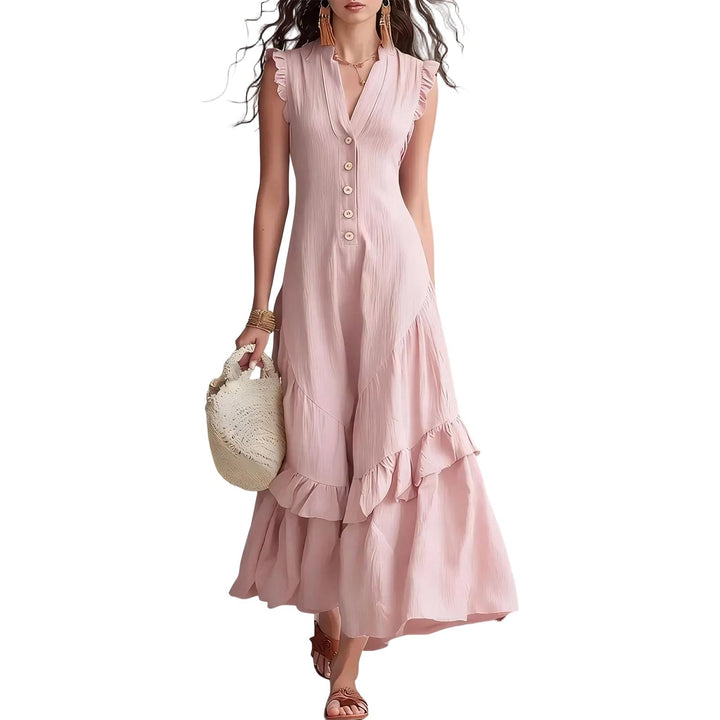 Ruffle Dress Long V Neck Button Flowy Cap Sleeve Summer Maxi Dresses Casual Beach Clothes for Beach Vacation serviceable