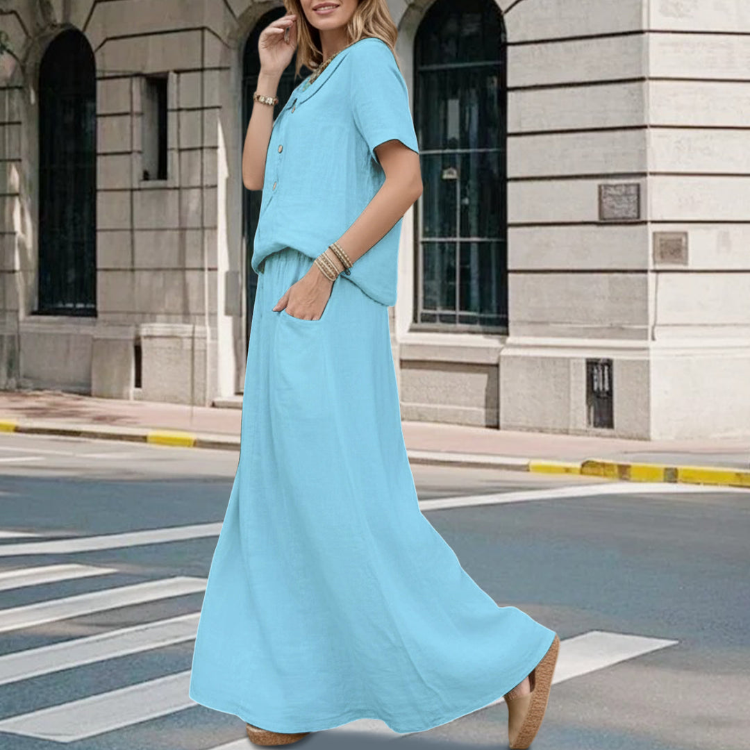 2 Piece Skirt Set Solid Cotton Two Piece Sets Short Sleeve Top and Maxi Skirt Casual Outfit for Daily Wear everywhere