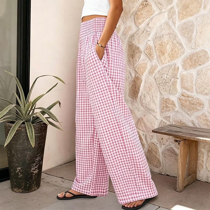 Women Gingham Pants Smocked Waist Plaid Pajama Lounge Pants Wide Leg Trousers with Pocket for Daily Wear gently
