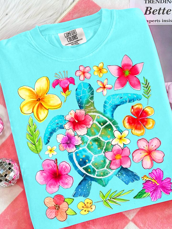 Floral Sea Turtle Summer Crew Neck T-shirt